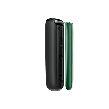 Cihazdan ayrı Amazon Green Ploom Aura ön panelinin yandan görüntüsü
