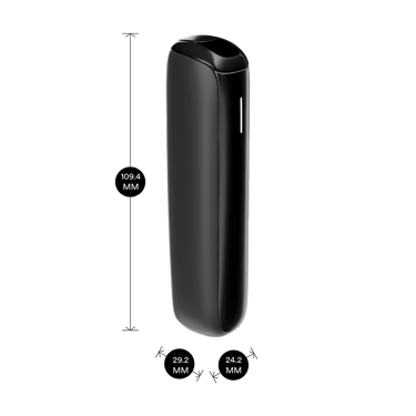 Məhsul ölçüləri ilə göstərilən Ploom AURA Jet Black cihazı: hündürlük 10.94 sm x en 2.92 sm və qalınlıq 2.42 sm
