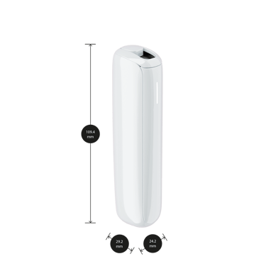 Ploom AURA White Glacier device shown with product dimensions: 10.94cm height x 2.92 cm width and 2.42 cm depth