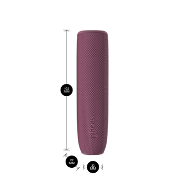 Dark Orchid arxa örtüyü olan Ploom AURA cihazı məhsul ölçüləri ilə göstərilir: hündürlük 10.2 sm x en 2.2 sm və qalınlıq 2.2 sm

