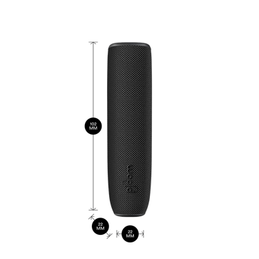 Jet Black arxa örtüyü olan Ploom AURA cihazı məhsul ölçüləri ilə göstərilir: hündürlük 10.2 sm x en 2.2 sm və qalınlıq 2.2 sm
