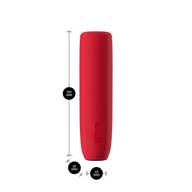 Lava Red arxa örtüyü olan Ploom AURA cihazı məhsul ölçüləri ilə göstərilir: hündürlük 10.2 sm x en 2.2 sm və qalınlıq 2.2 sm
