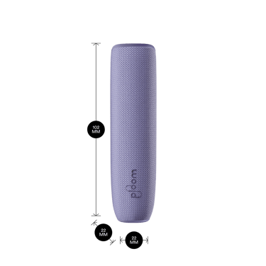 Lavender arxa örtüyü olan Ploom AURA cihazı məhsul ölçüləri ilə göstərilir: hündürlük 10.2 sm x en 2.2 sm və qalınlıq 2.2 sm