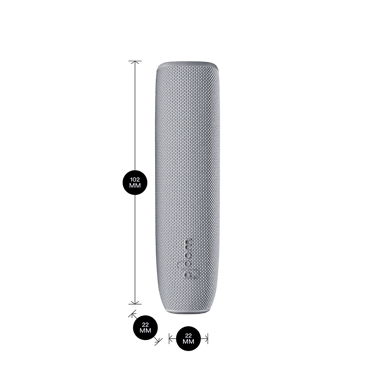 Lunar Silver arxa örtüyü olan Ploom AURA cihazı məhsul ölçüləri ilə göstərilir: hündürlük 10.2 sm x en 2.2 sm və qalınlıq 2.2 sm
