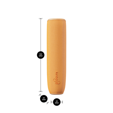 Mango Sorbet arxa örtüyü olan Ploom AURA cihazı məhsul ölçüləri ilə göstərilir: hündürlük 10.2 sm x en 2.2 sm və qalınlıq 2.2 sm
