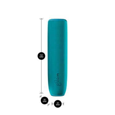 Ocean Blue arxa örtüyü olan Ploom AURA cihazı məhsul ölçüləri ilə göstərilir: hündürlük 10.2 sm x en 2.2 sm və qalınlıq 2.2 sm
