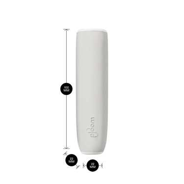 White Glacier arxa örtüyü olan Ploom AURA cihazı məhsul ölçüləri ilə göstərilir: hündürlük 10.2 sm x en 2.2 sm və qalınlıq 2.2 sm