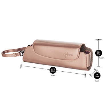 Ploom Rose Gold Solo daşıma qabı məhsul ölçüləri ilə göstərilir: hündürlük 32.5 sm x en 12.75 sm və qalınlıq 2.8 sm
