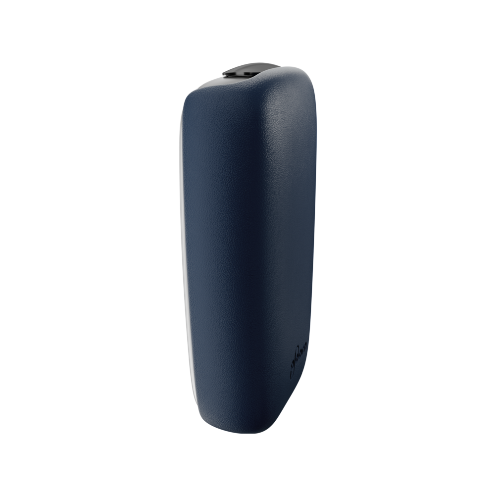 Ploom X Advanced leather back cover navy blue - right angle, shown on device
