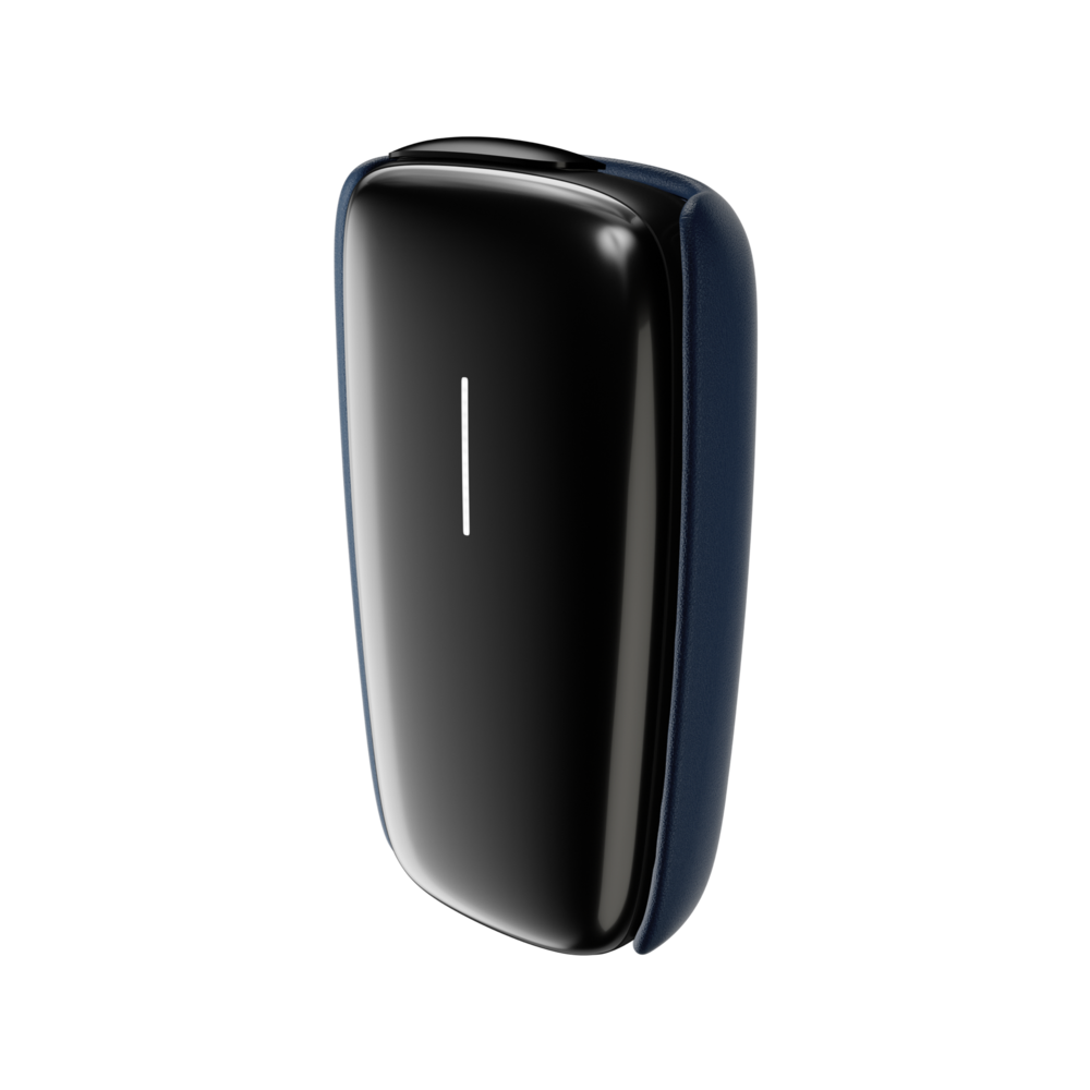 Ploom X Advanced leather back cover navy blue shown on device
