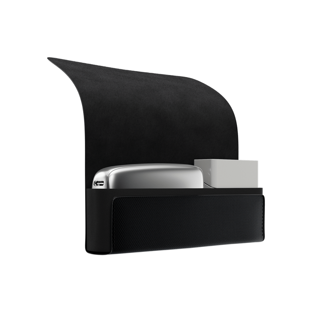 Ploom X Advanced Carry case black open, shown with a Ploom device and a pack of sticks inside.


