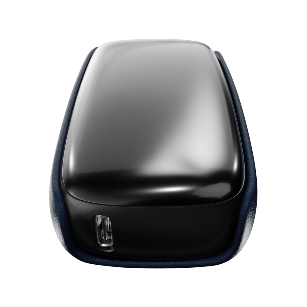 Ploom X Advanced leather back cover navy blue closeup, shown on device
