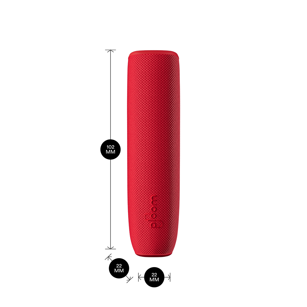 Lava Red arxa örtüyü olan Ploom AURA cihazı məhsul ölçüləri ilə göstərilir: hündürlük 10.2 sm x en 2.2 sm və qalınlıq 2.2 sm
