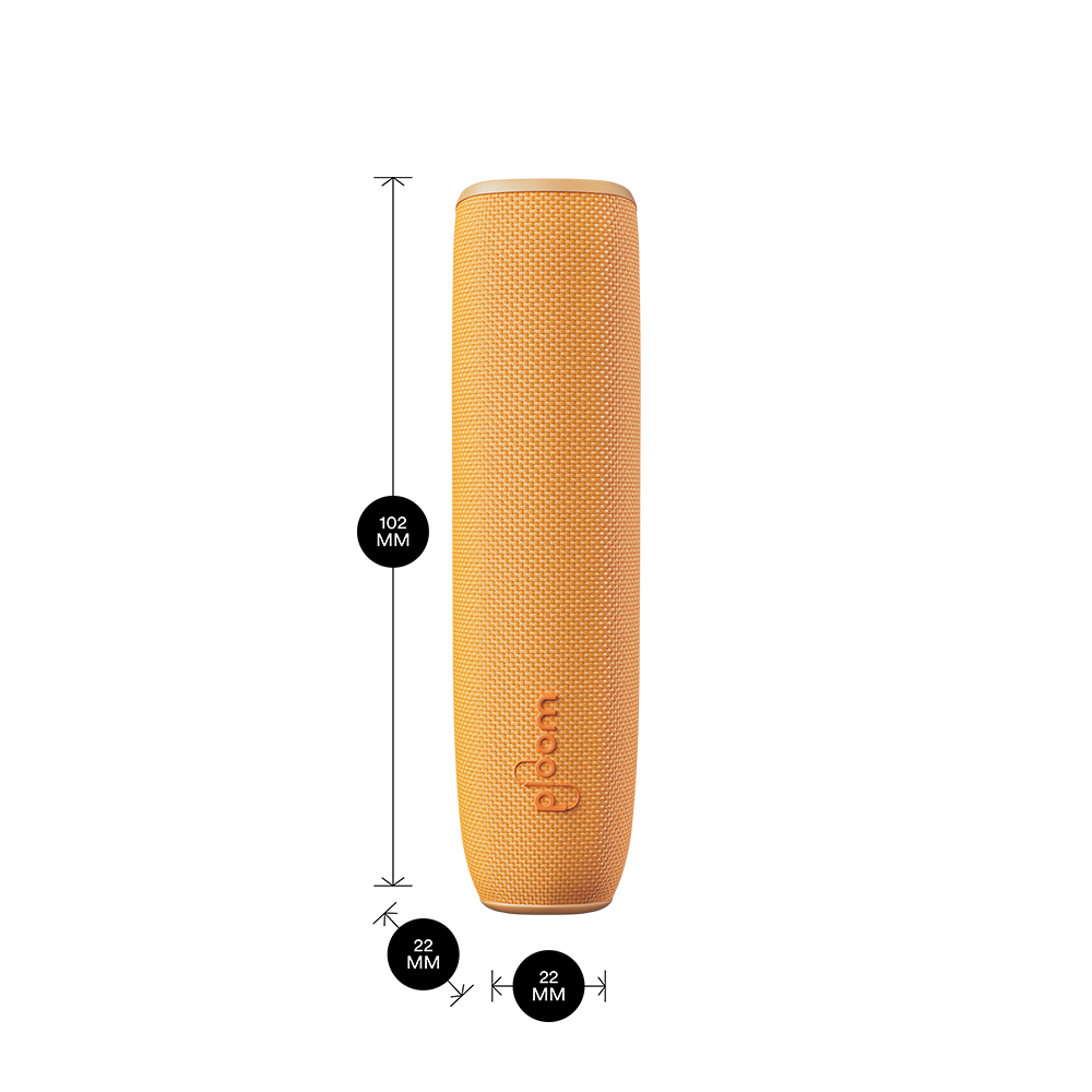Mango Sorbet arxa örtüyü olan Ploom AURA cihazı məhsul ölçüləri ilə göstərilir: hündürlük 10.2 sm x en 2.2 sm və qalınlıq 2.2 sm
