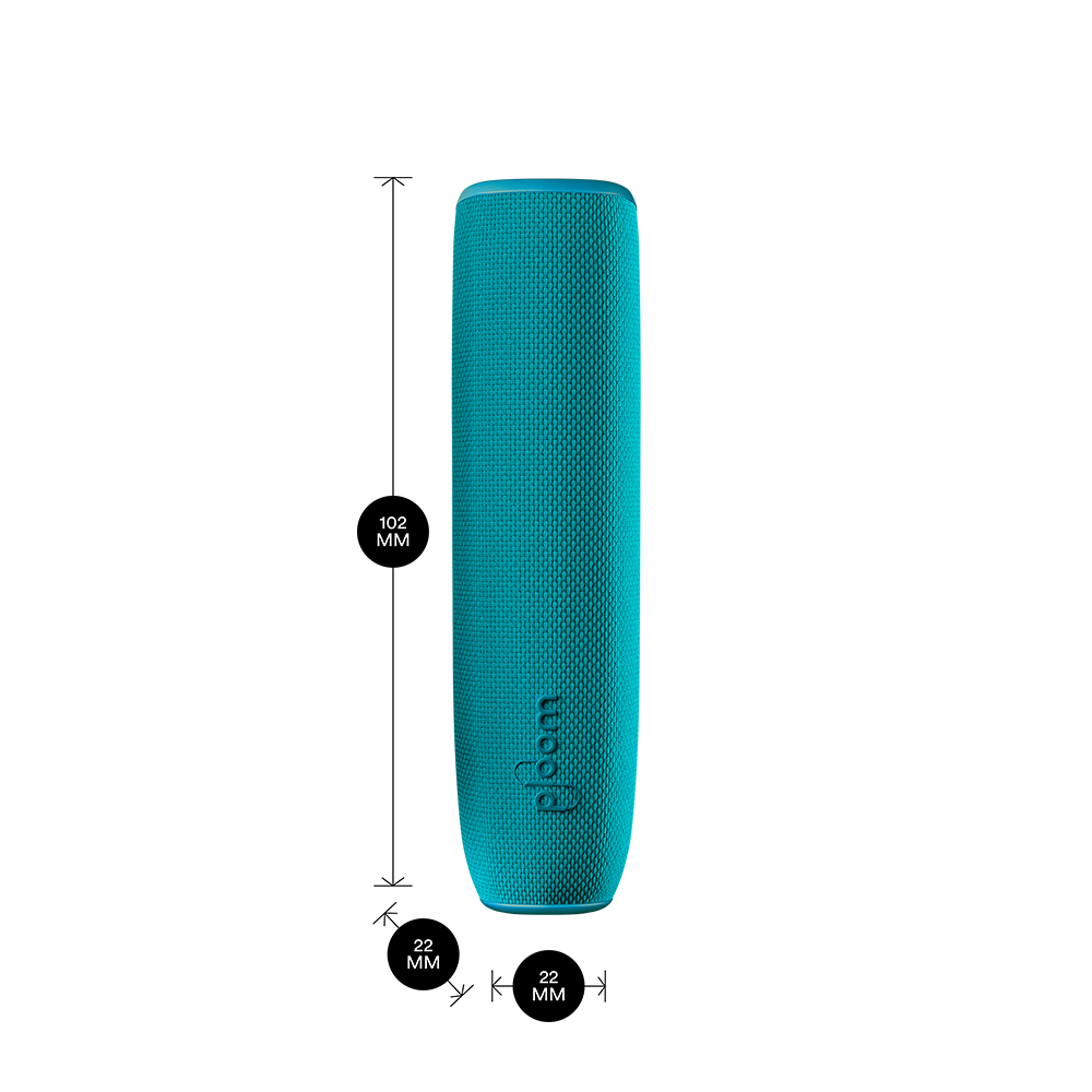 Ocean Blue arxa örtüyü olan Ploom AURA cihazı məhsul ölçüləri ilə göstərilir: hündürlük 10.2 sm x en 2.2 sm və qalınlıq 2.2 sm
