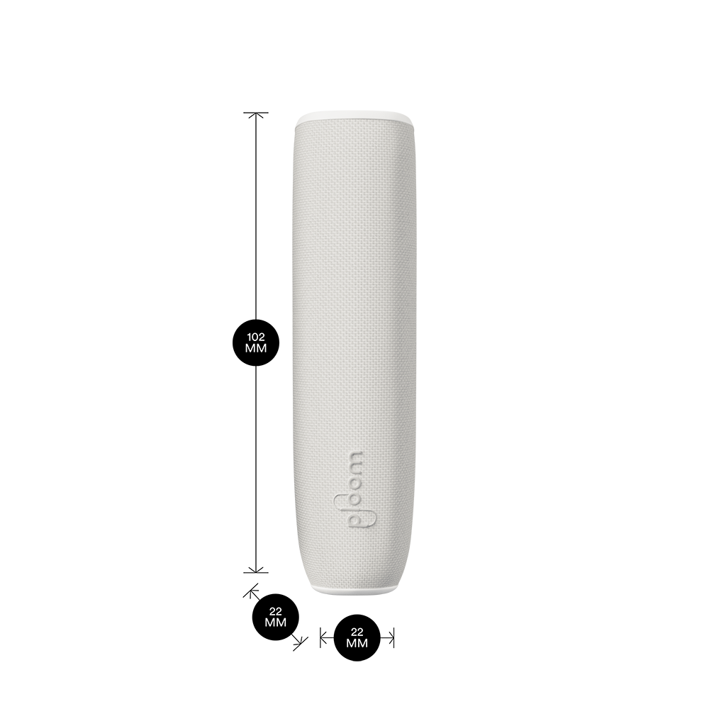 White Glacier arxa örtüyü olan Ploom AURA cihazı məhsul ölçüləri ilə göstərilir: hündürlük 10.2 sm x en 2.2 sm və qalınlıq 2.2 sm
