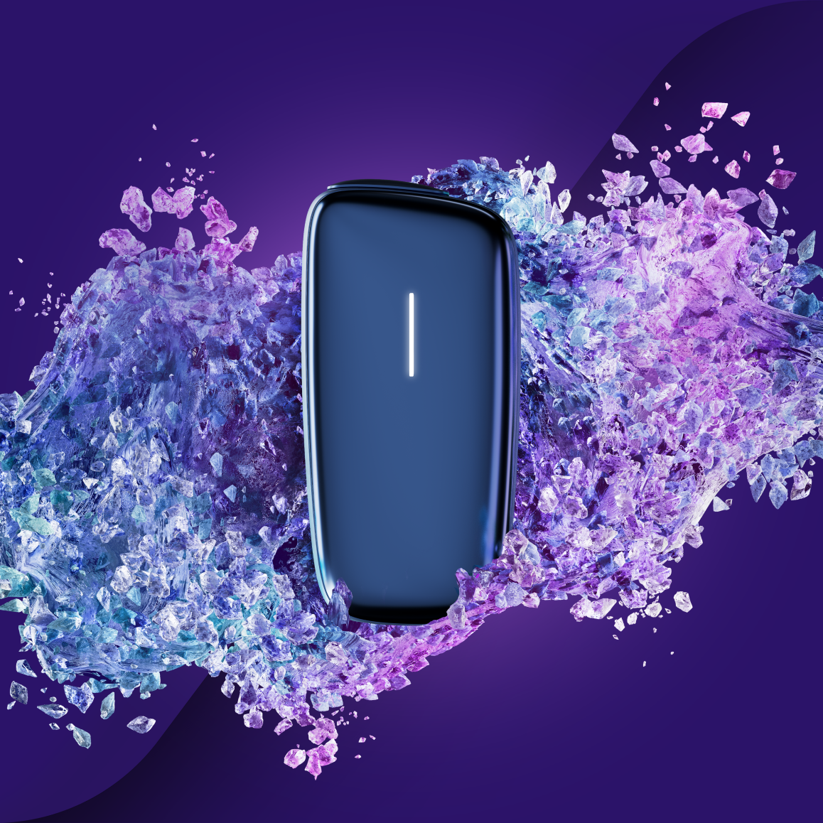 Ploom X Advanced Navy Blue vizualı — mavi fon üzərində bənövşəyi hissəciklərlə

