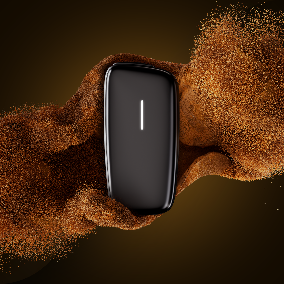 Ploom X Advanced Slate Grey visual against a black background with orange particles
