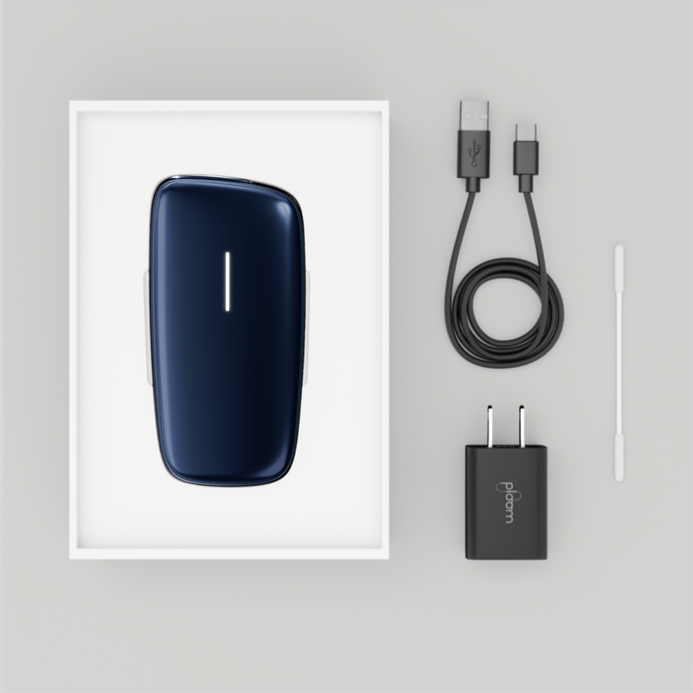 Ploom X Advanced Navy Blue qablaşdırmasının tərkibi – enerji kabeli, adapter, təmizləyici çubuq

