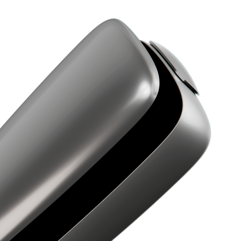 Ploom X Advanced front panel silver close up, shown on device
