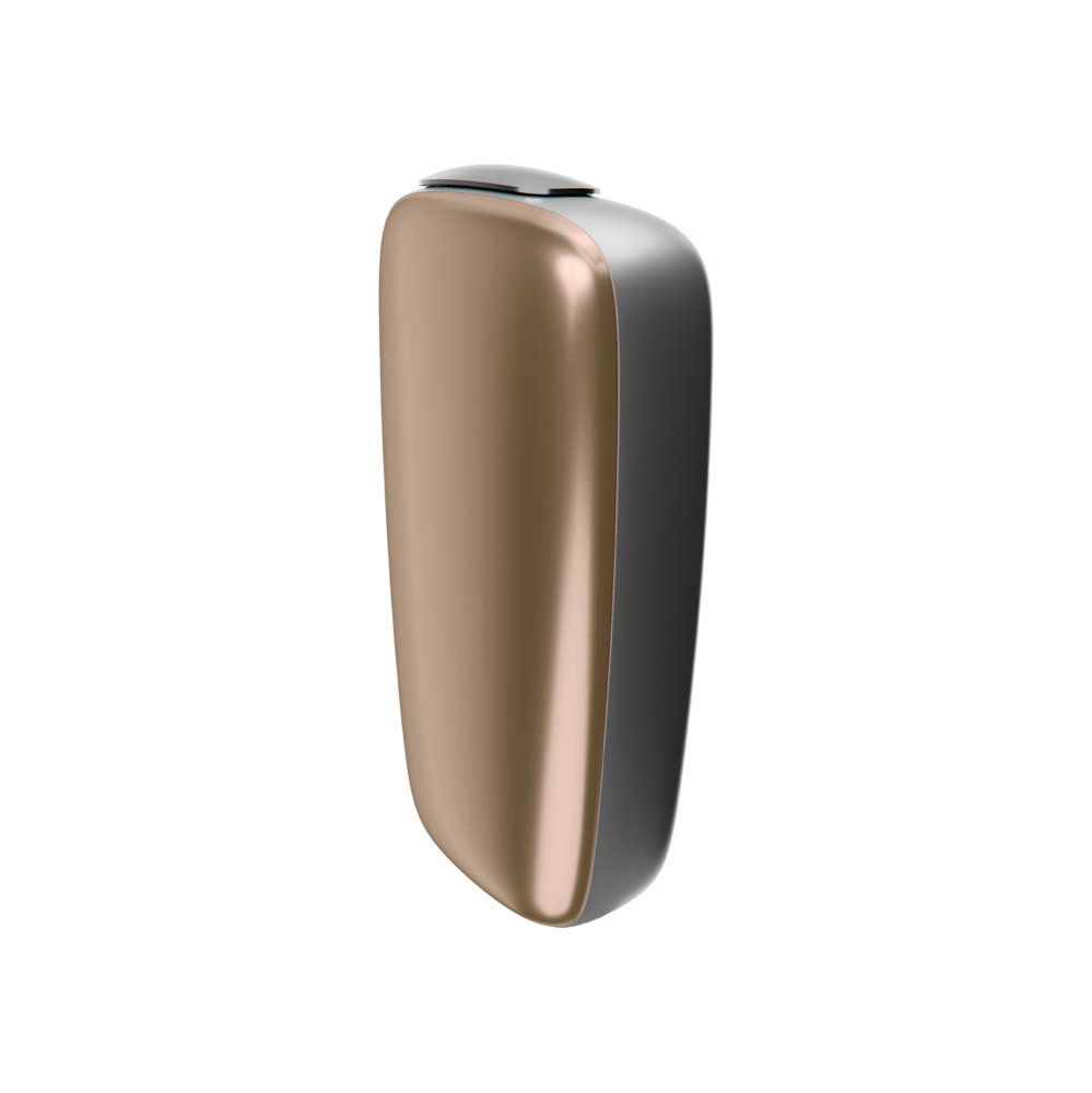 Ploom X Advanced front panel gold side facing, shown on device
