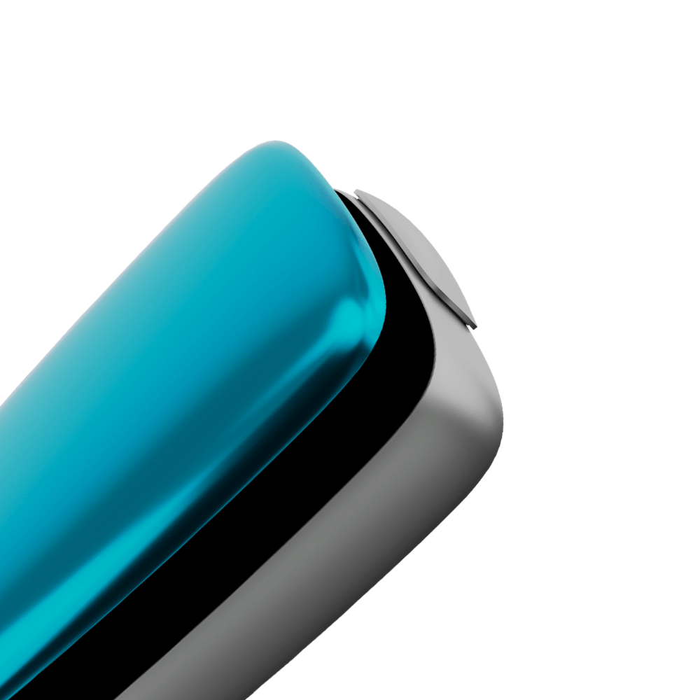 Ploom X Advanced front panel ocean blue close up, shown on device
