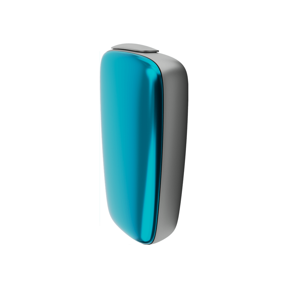 Ploom X Advanced front panel ocean blue side facing, shown on device
