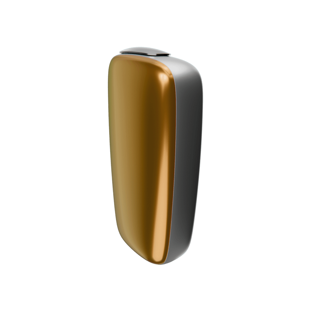 Ploom X Advanced front panel mango sorbet side facing, shown on device
