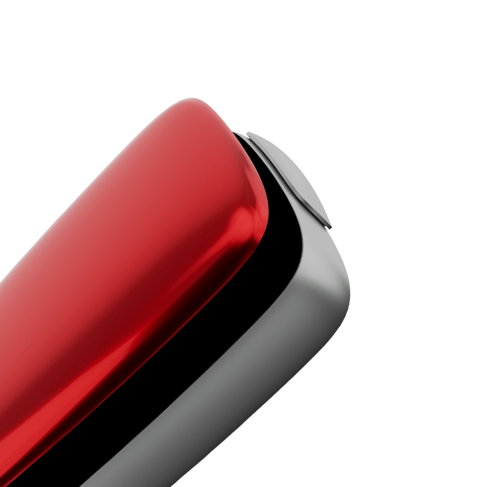 Ploom X Advanced front panel lava red close up, shown on device
