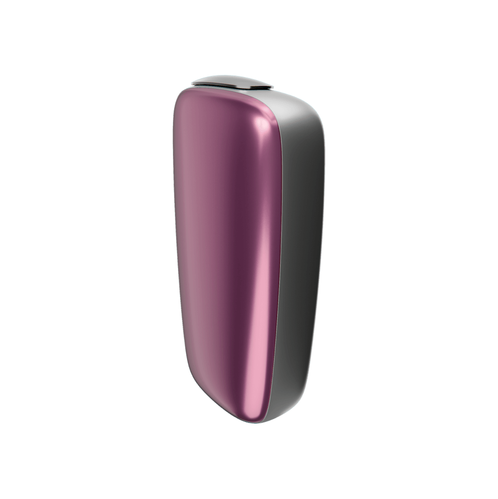 Ploom X Advanced front panel dark orchid side facing, shown on device

