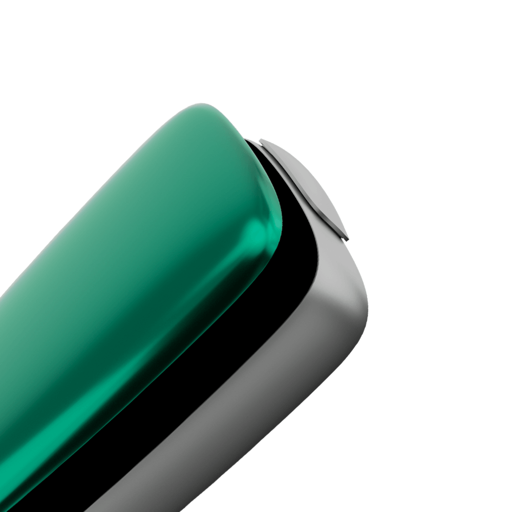 Ploom X Advanced front panel Amazon Green close up, shown on device
