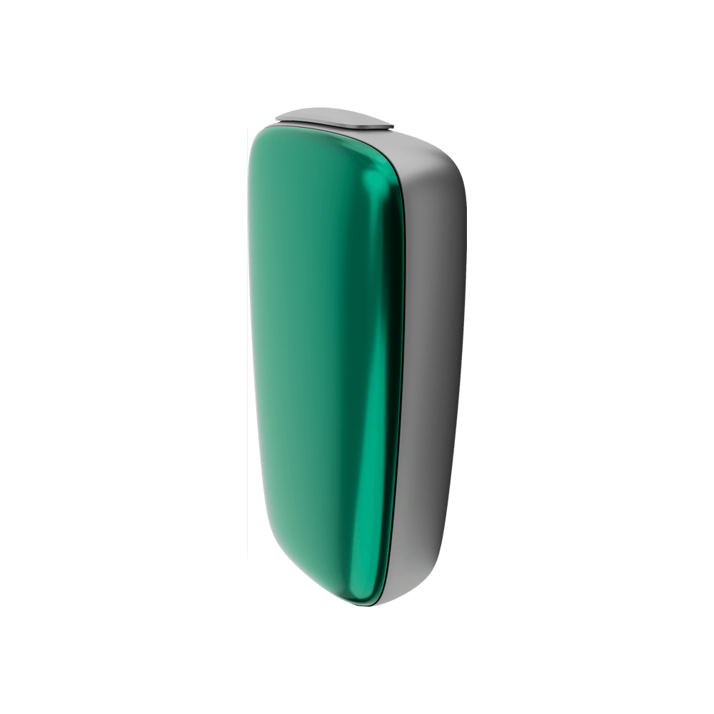 Ploom X Advanced front panel Amazon Green side facing, shown on device
