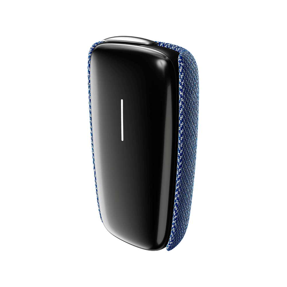 Ploom X Advanced fabric back cover blue shown on device from the front of the device