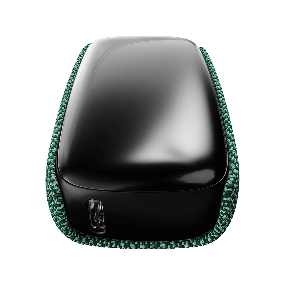 Ploom X Advanced fabric back cover Ploom green shown on device
