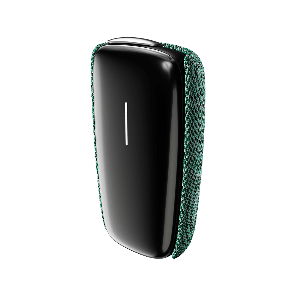 Ploom X Advanced fabric back cover Ploom green shown on device from the front of the device
