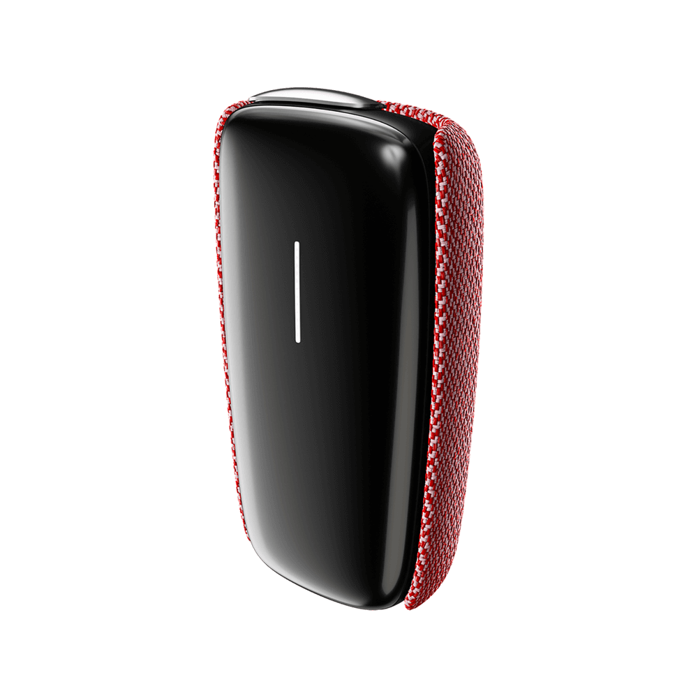 Ploom X Advanced fabric back cover red shown on device from the front of the device
