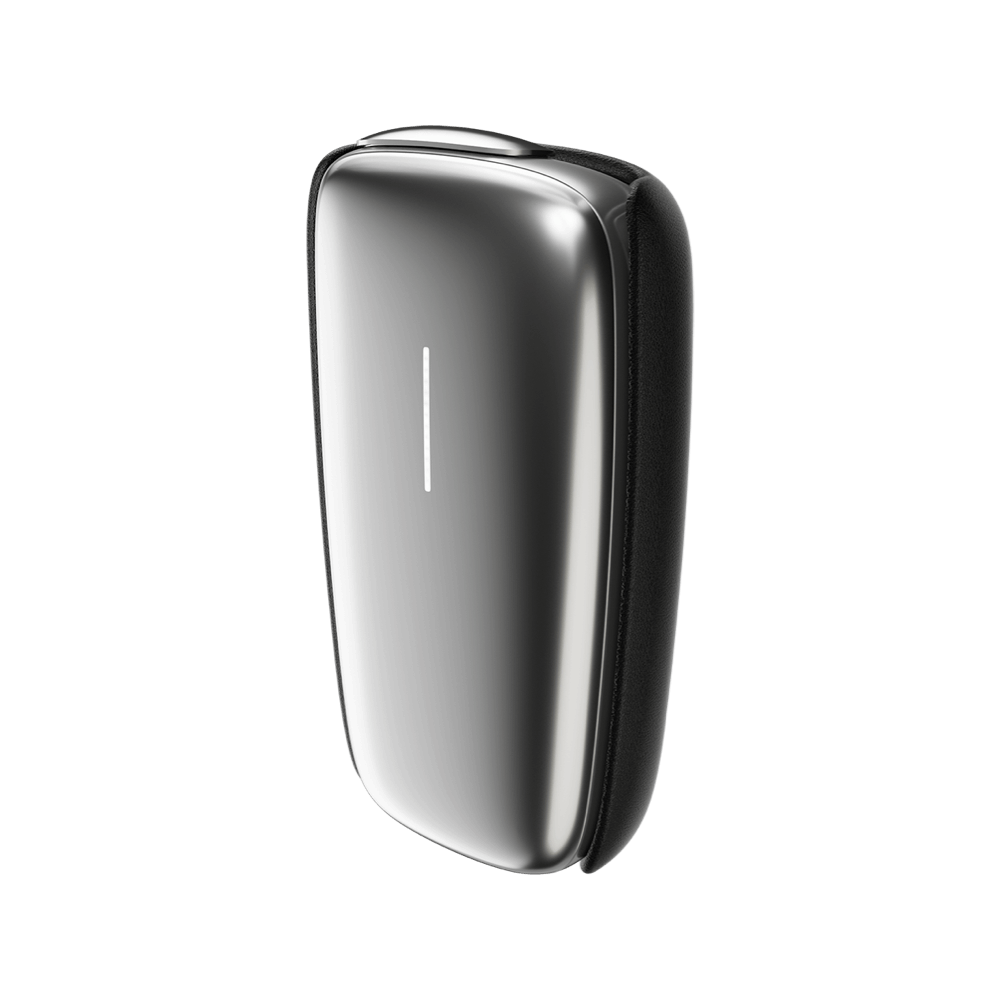 Ploom X Advanced leather back cover black open shown with the device
