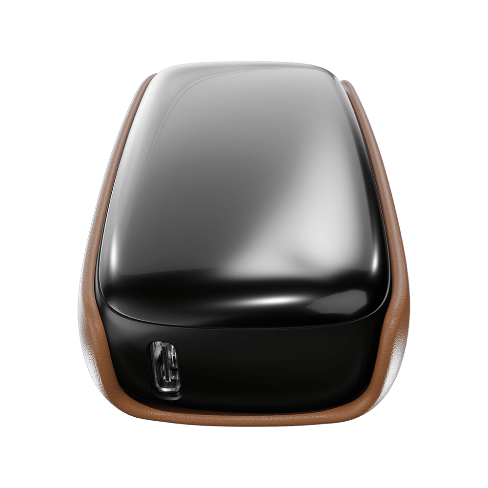 Ploom X Advanced leather back cover brown extra shot, shown on device
