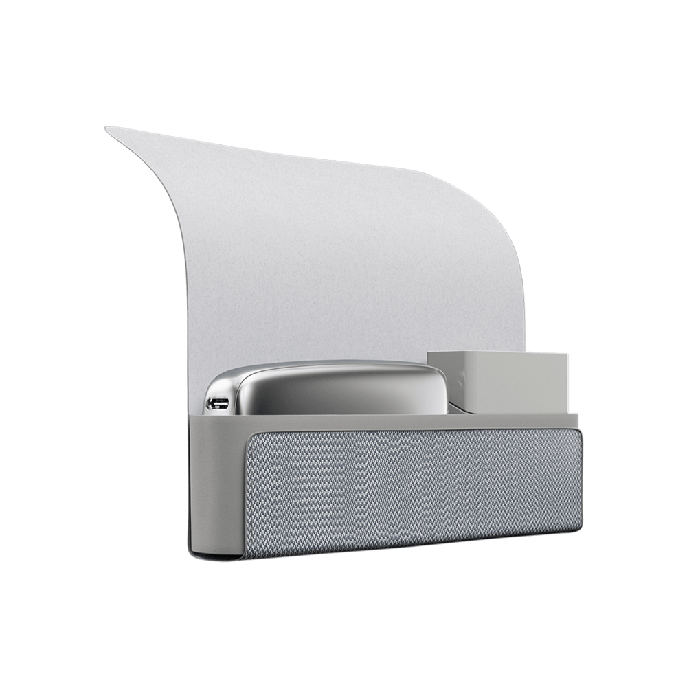 Ploom X Advanced fabric carry case grey shown open with a Ploom device and a pack of sticks inside.
