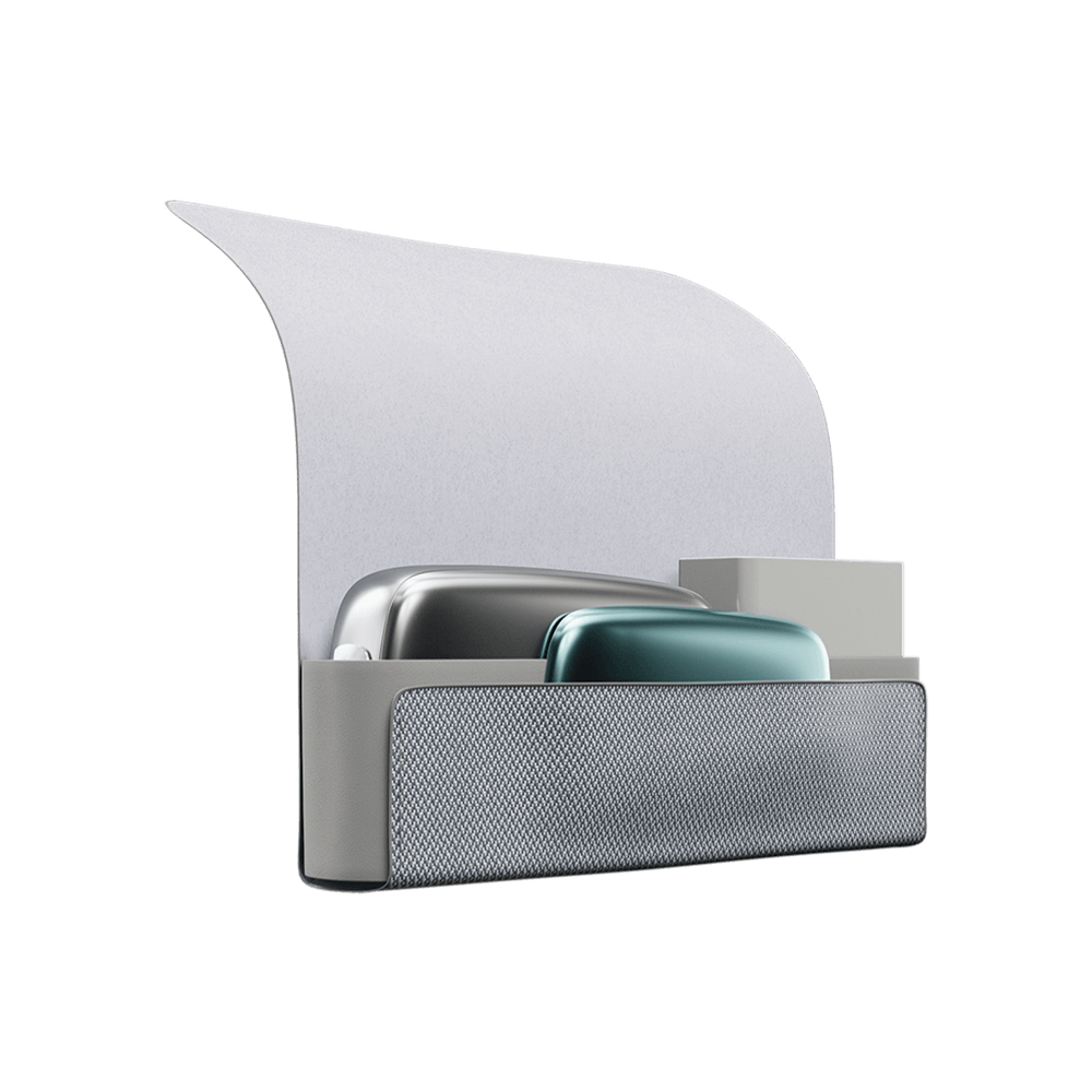 Ploom X Advanced fabric carry case grey shown open with a Ploom device, a pack of sticks, and the Aqua Green front panel in the side pocket.
