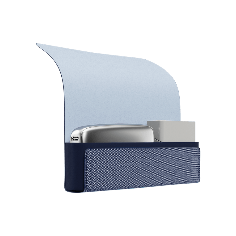 Ploom X Advanced Carry case Blue open, shown with a Ploom device and a pack of sticks inside.
