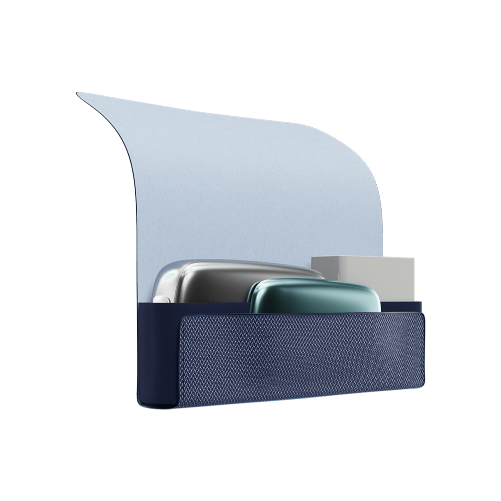 Ploom X Advanced fabric carry case Blue shown open with a Ploom device, a pack of sticks, and the Aqua Green front panel in the side pocket.
