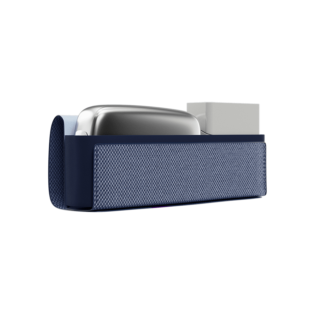 Ploom X Advanced Carry case Blue open, shown with a Ploom device and a pack of sticks inside.
