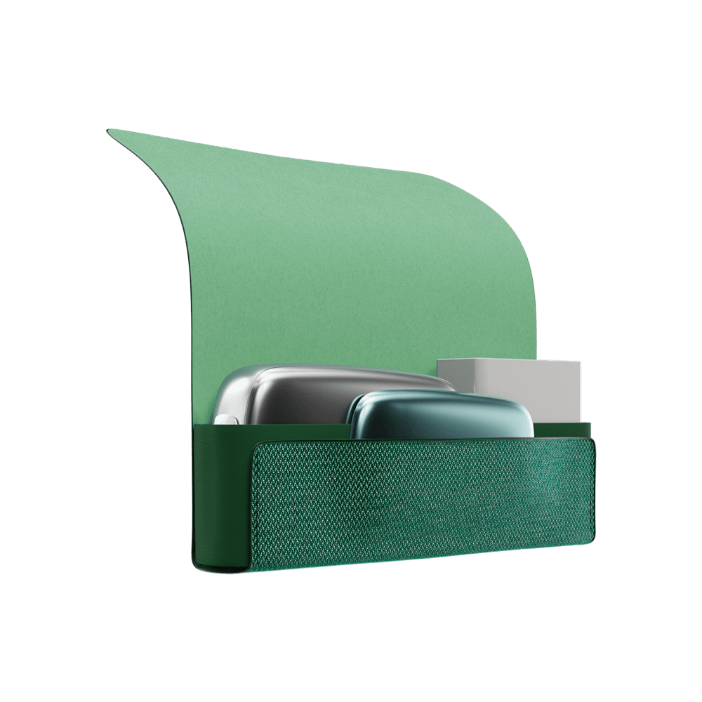 Ploom X Advanced fabric carry case green shown open with a Ploom device, a pack of sticks, and the Aqua Green front panel in the side pocket.

