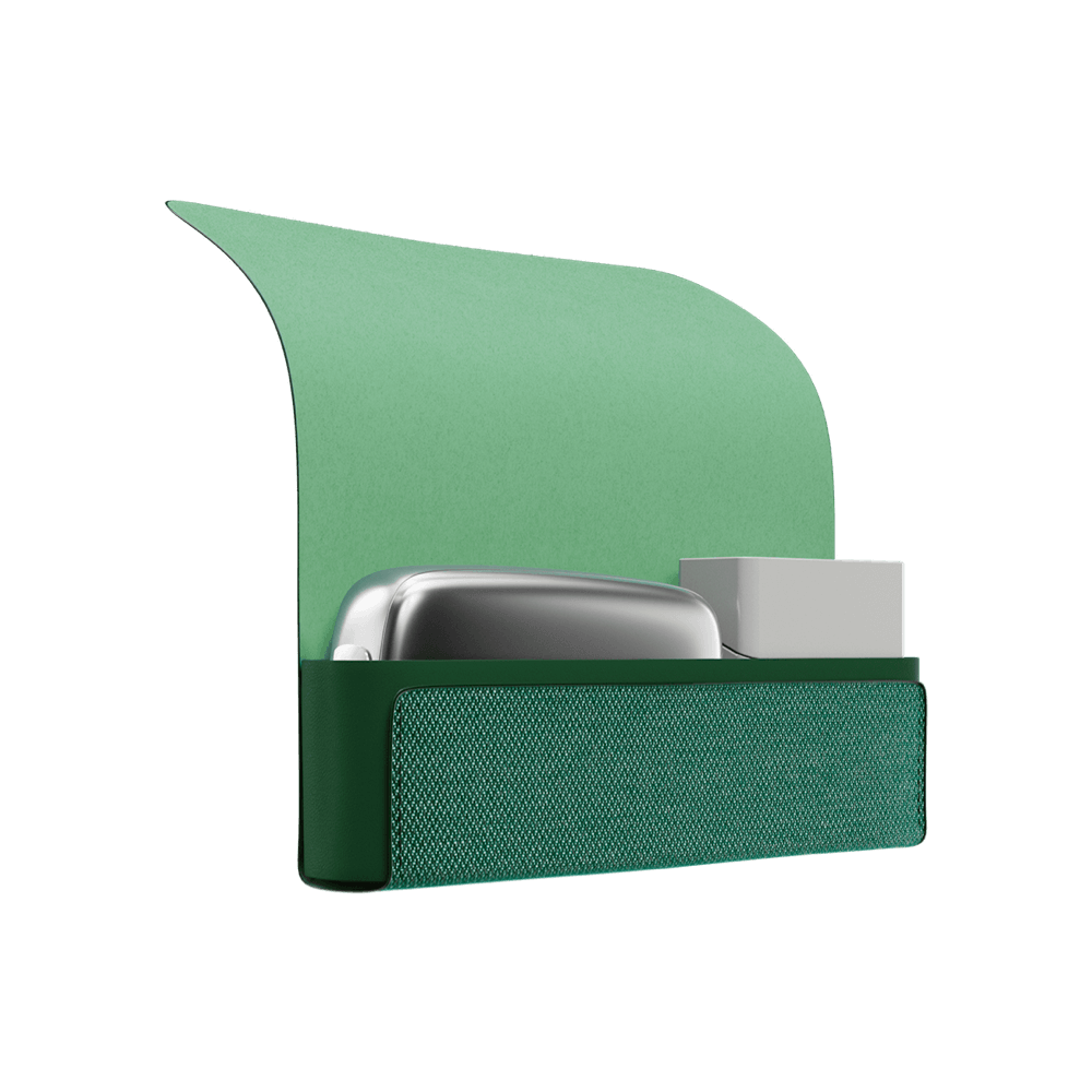 Ploom X Advanced fabric carry case green shown with a Ploom device and a pack of sticks inside.
