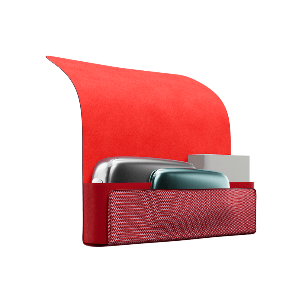 Ploom X Advanced fabric carry case red lateral shown open with a Ploom device, a pack of sticks, and the Aqua Green front panel in the side pocket.

