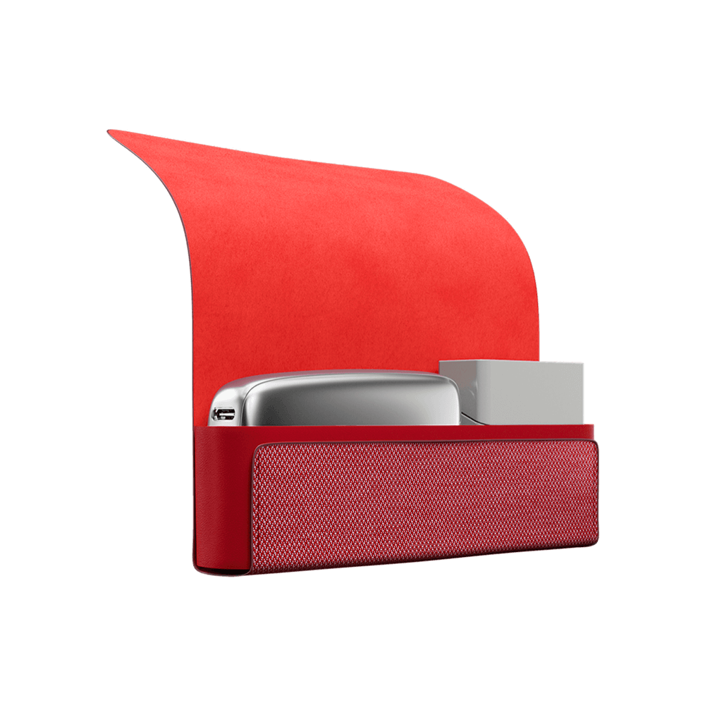 Ploom X Advanced fabric carry case red lateral open, shown with a Ploom device and a pack of sticks inside.
