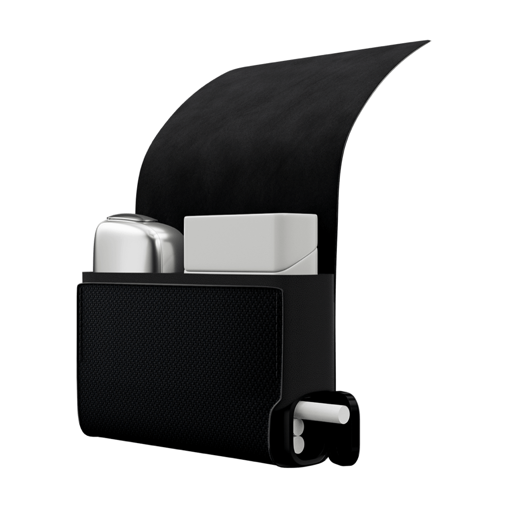 Ploom X Advanced All in One carry case Black open shown with a Ploom device and a pack of sticks inside.