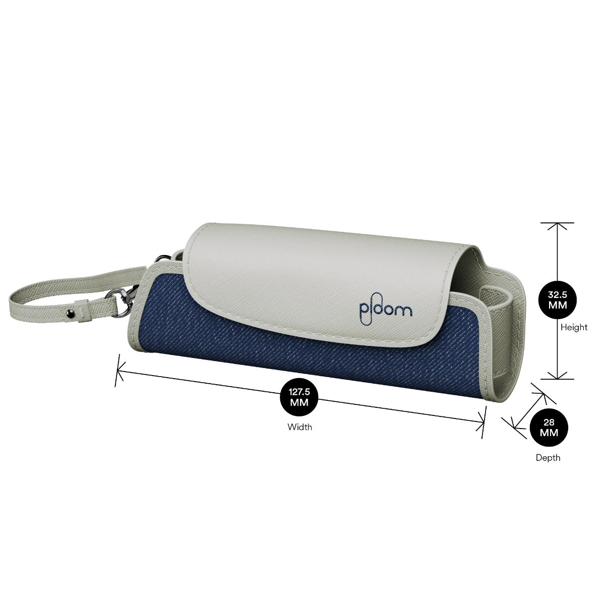 Ploom Denim Leather Fusion Solo Carry Case shown with product dimensions: 32.5 cm height x 12.75 cm width and 2.8 cm depth