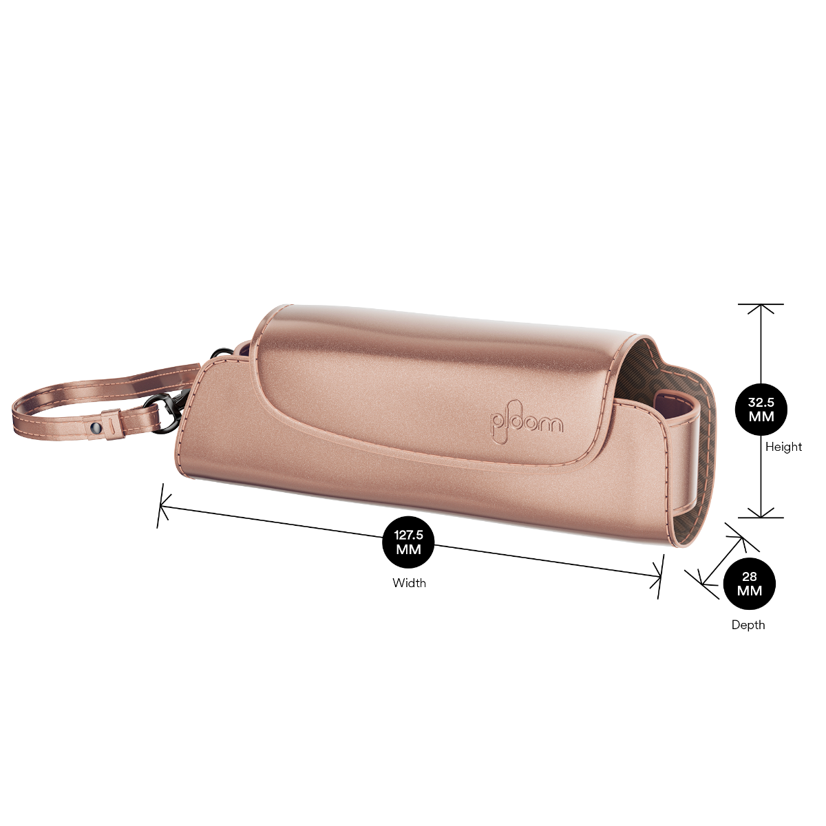 Ploom Rose Gold Solo daşıma qabı məhsul ölçüləri ilə göstərilir: hündürlük 32.5 sm x en 12.75 sm və qalınlıq 2.8 sm
